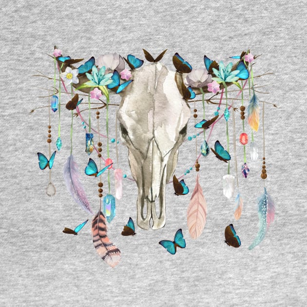 Butterflies Crystals And Flowers On A Cow Skull by LittleBunnySunshine